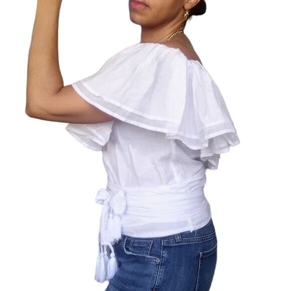 ERIKA PENA Rita Rumba Wrap Shirt ruffle tassel off shoulder top in white XS NEW - Picture 2 of 6